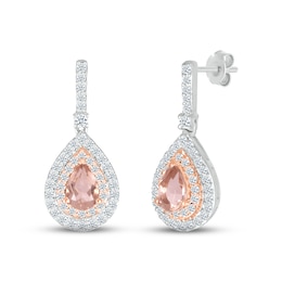 Morganite & White Lab-Created Sapphire Dangle Earrings Sterling Silver & 10K Rose Gold