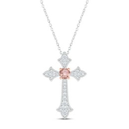 Morganite & White Lab-Created Sapphire Cross Necklace Sterling Silver & 10K Rose Gold 18&quot;