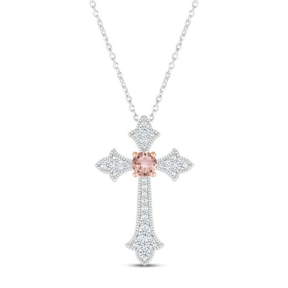 Morganite & White Lab-Created Sapphire Cross Necklace Sterling Silver & 10K Rose Gold 18"