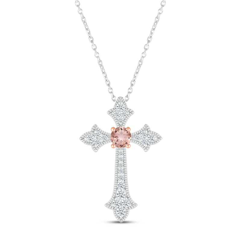 Morganite & White Lab-Created Sapphire Cross Necklace Sterling Silver & 10K Rose Gold 18"