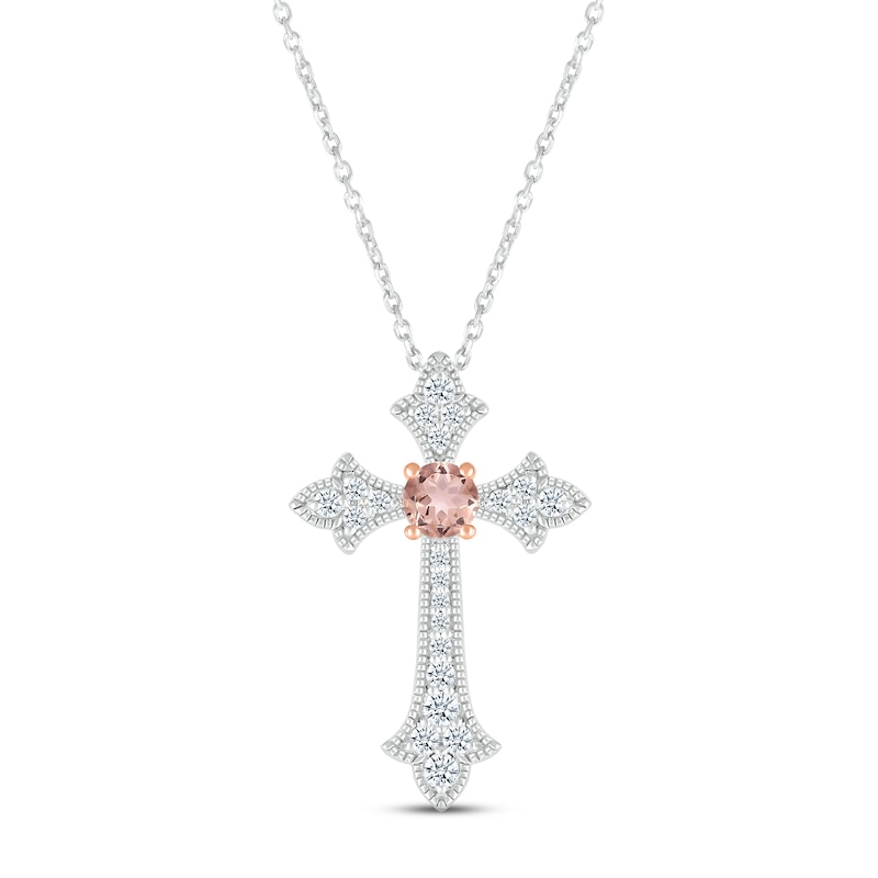 Main Image 1 of Morganite & White Lab-Created Sapphire Cross Necklace Sterling Silver & 10K Rose Gold 18&quot;