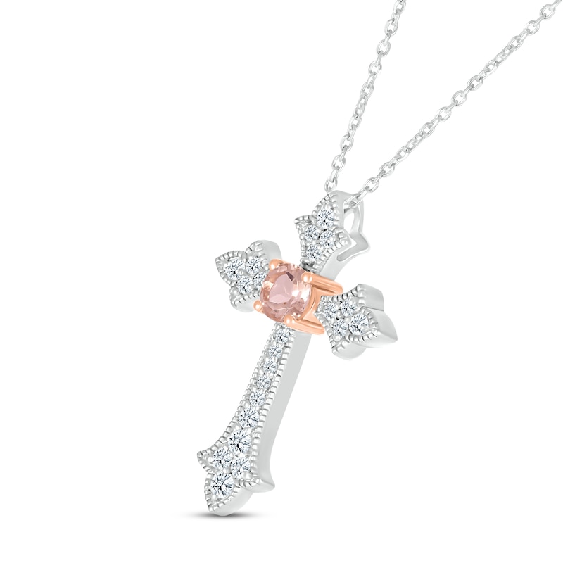 Morganite & White Lab-Created Sapphire Cross Necklace Sterling Silver & 10K Rose Gold 18"