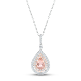 Morganite & White Lab-Created Sapphire Necklace Sterling Silver & 10K Rose Gold 18"