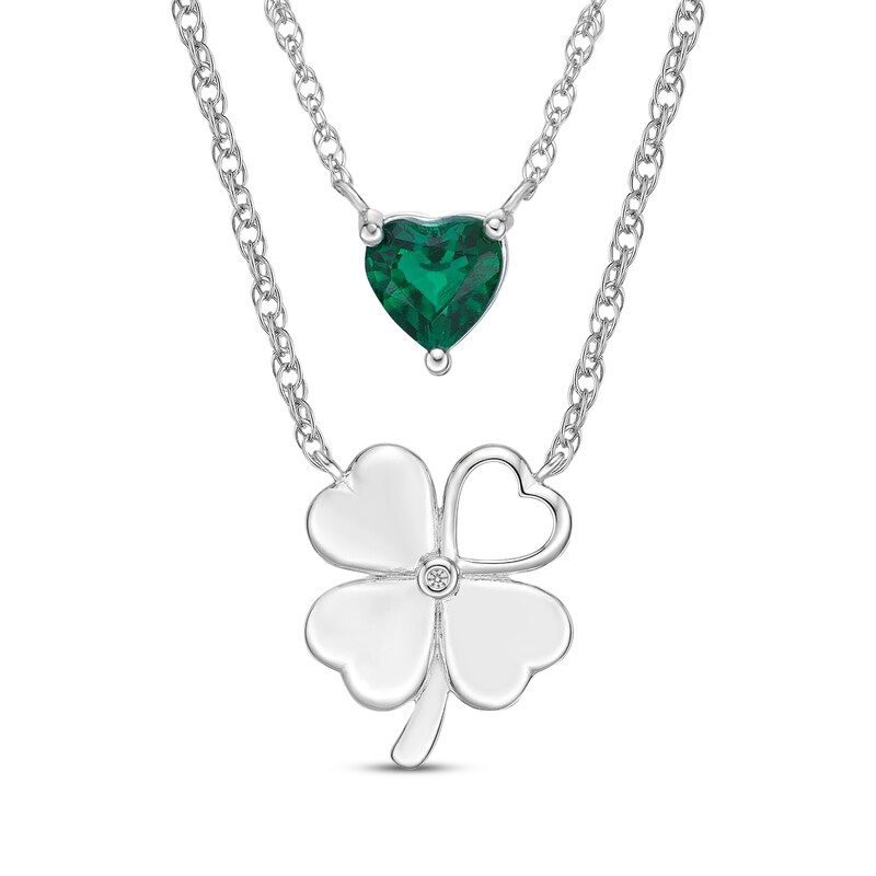 Lab-Created Emerald & White Lab-Created Sapphire Heart & Clover Necklace Boxed Set Sterling Silver