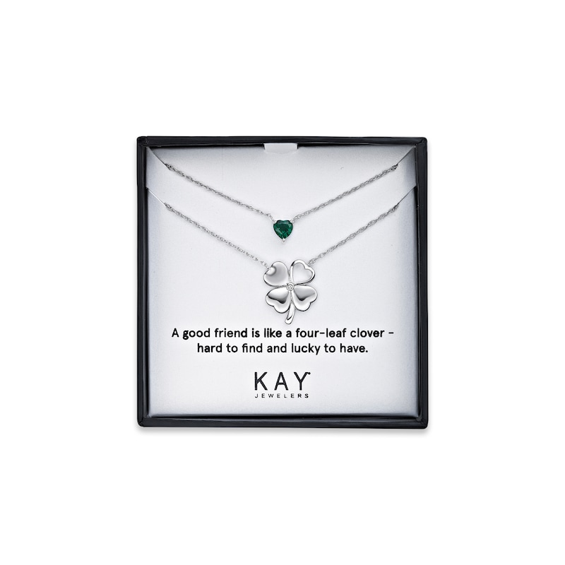 Lab-Created Emerald & White Lab-Created Sapphire Heart & Clover Necklace Boxed Set Sterling Silver
