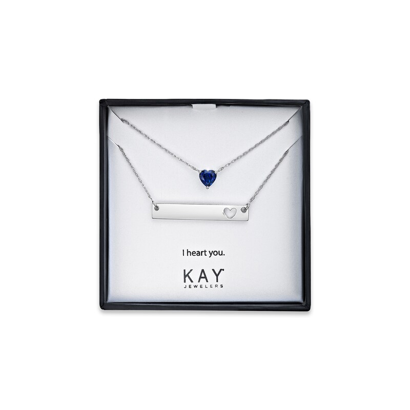 Blue Lab-Created Sapphire Heart & Bar Necklace Boxed Set Sterling Silver