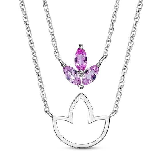 Pink Lab-Created Sapphire Flower Necklace Gift Set Sterling Silver