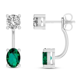 Lab-Created Emerald & White Lab-Created Sapphire Front-Back Earrings Sterling Silver