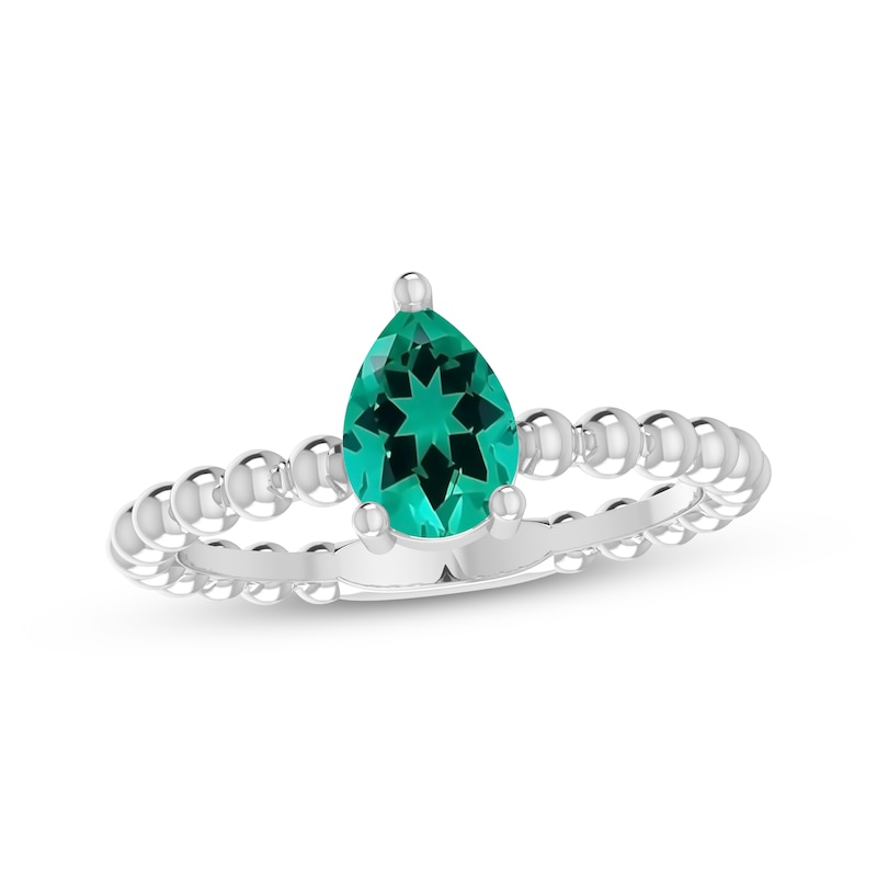 Main Image 1 of Lab-Created Emerald Pear Beaded Ring Sterling Silver