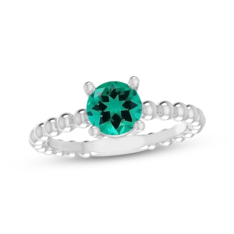 Main Image 1 of Lab-Created Emerald Round Beaded Ring Sterling Silver