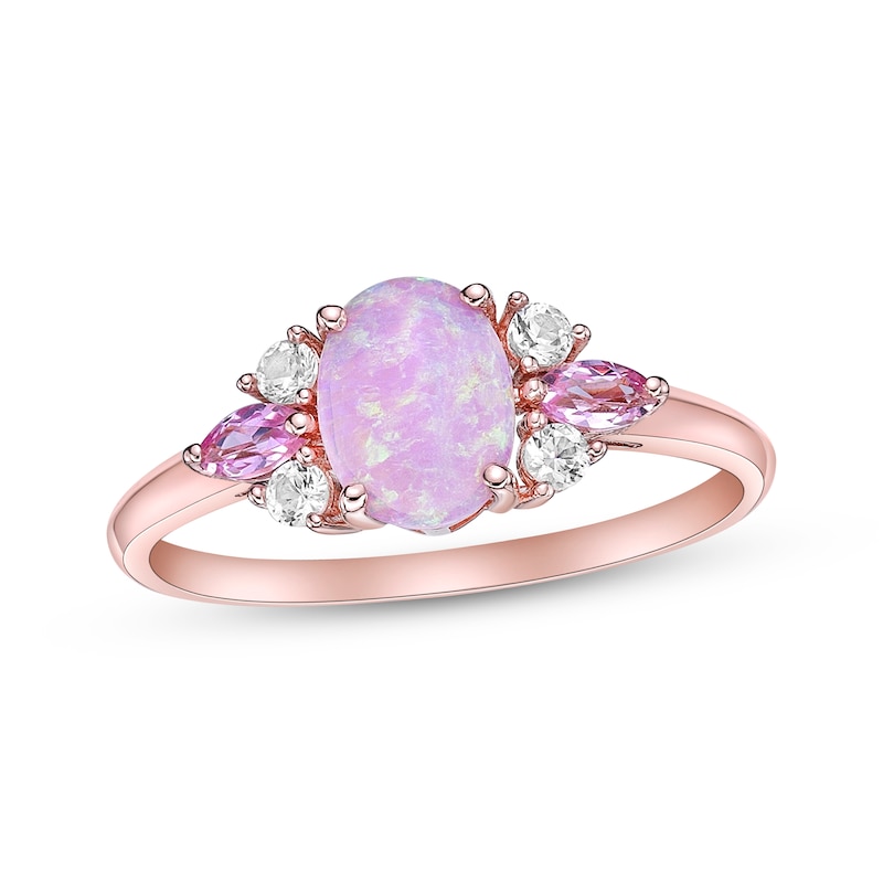 Pink Lab-Created Opal, Pink & White Lab-Created Sapphire Ring 10K Rose Gold