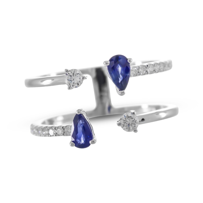 Blue Sapphire & Diamond Deconstructed Two-Row Ring 1/4 ct tw Round-cut 10K White Gold