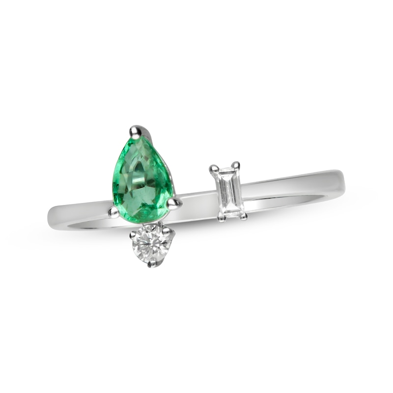 Main Image 1 of Emerald & Diamond Deconstructed Ring 1/10 ct tw Pear, Round & Baguette-cut 10K White Gold