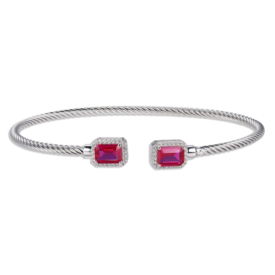 Lab-Created Ruby & White Lab-Created Sapphire Rope Cuff Bangle Bracelet Sterling Silver