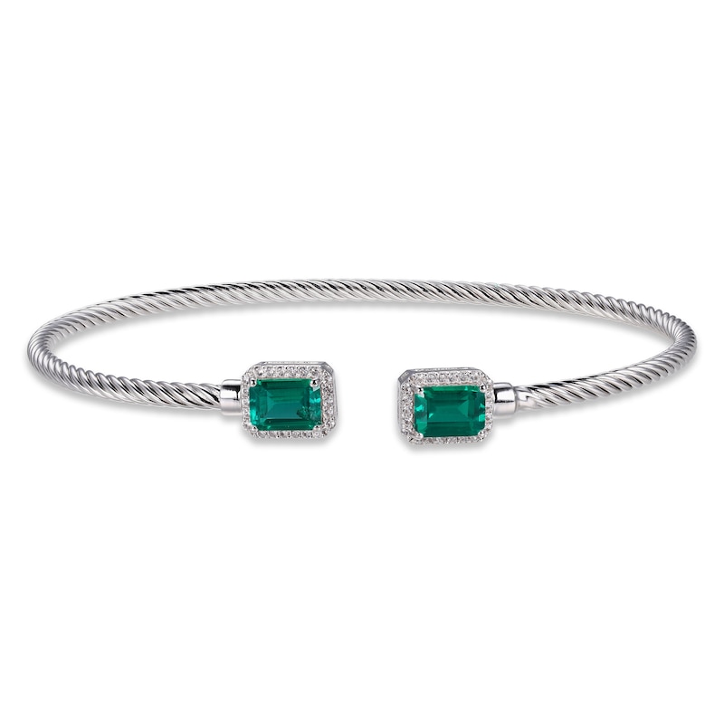 Main Image 1 of Lab-Created Emerald & White Lab-Created Sapphire Rope Cuff Bangle Bracelet Sterling Silver