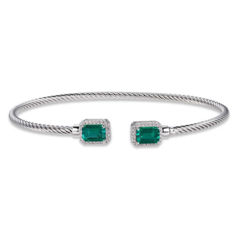 Lab-Created Emerald & White Lab-Created Sapphire Rope Cuff Bangle Bracelet Sterling Silver