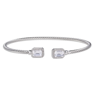 White Lab-Created Sapphire Rope Cuff Bangle Bracelet Sterling Silver