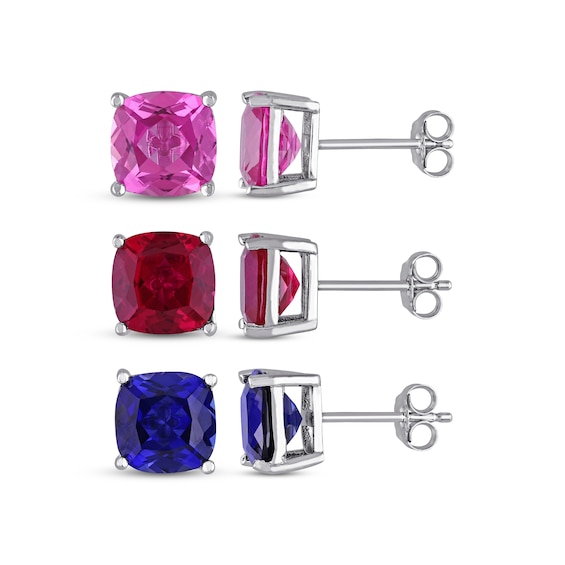 Pink Lab-Created Sapphire, Lab-Created Ruby & Blue Lab-Created Sapphire Stud Earrings Set Sterling Silver