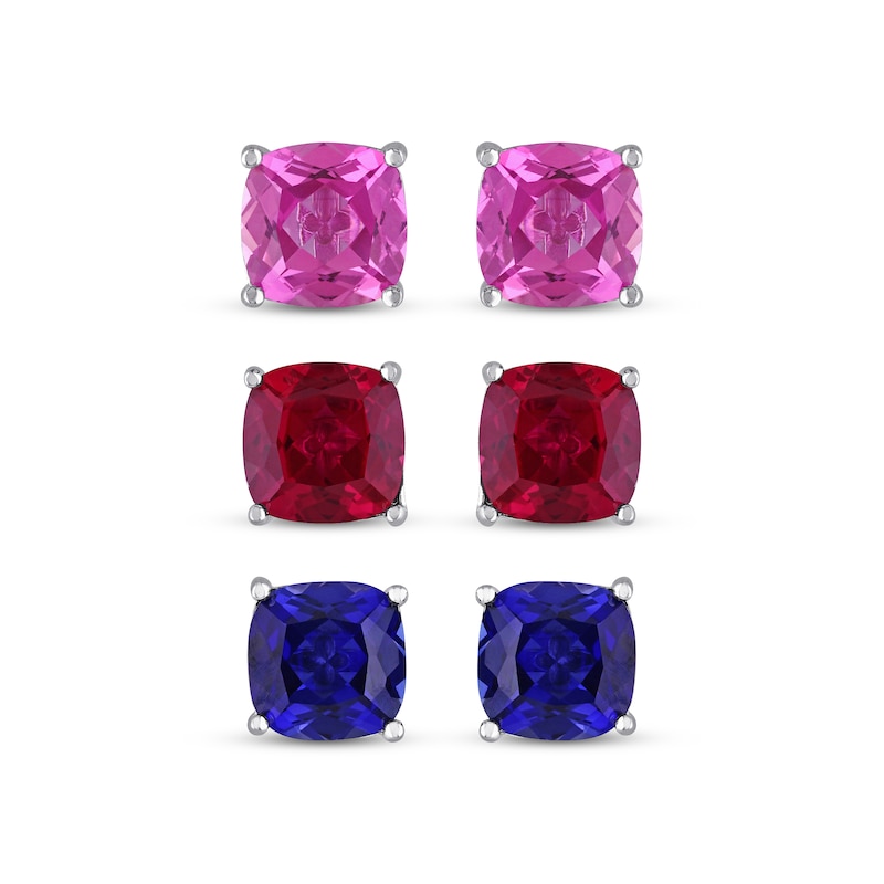 Main Image 2 of Pink Lab-Created Sapphire, Lab-Created Ruby & Blue Lab-Created Sapphire Stud Earrings Set Sterling Silver