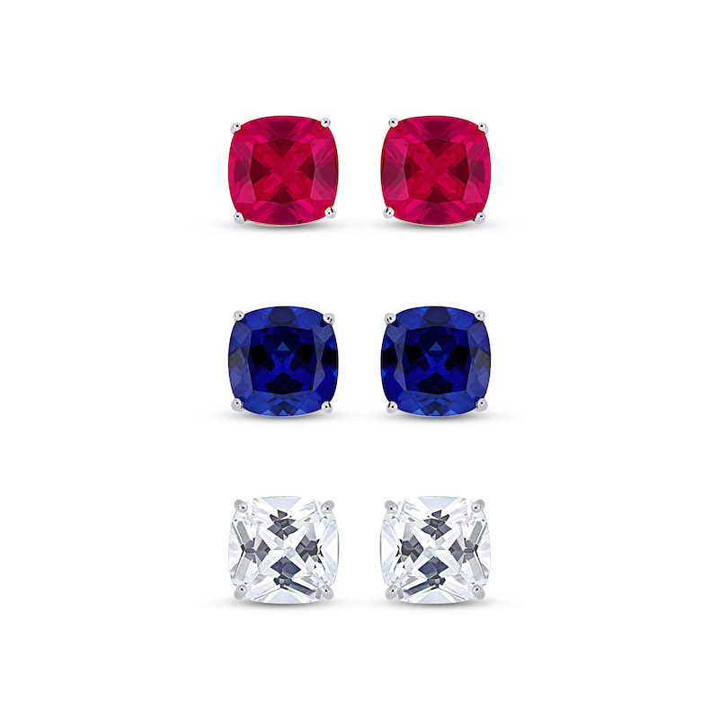 Lab-Created Ruby, Blue Lab-Created Sapphire & White Lab-Created Sapphire Stud Earrings Set Sterling Silver