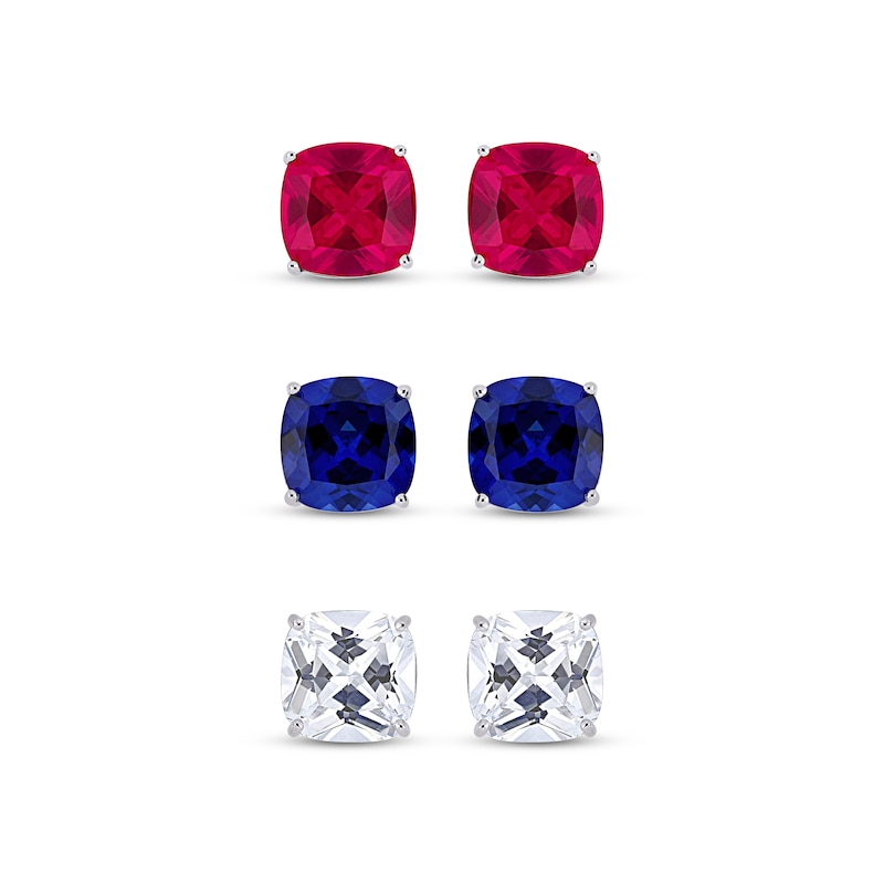 Main Image 2 of Lab-Created Ruby, Blue Lab-Created Sapphire & White Lab-Created Sapphire Stud Earrings Set Sterling Silver