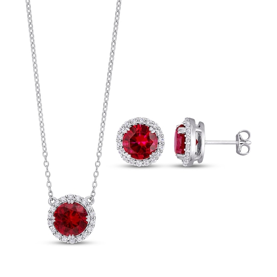 Lab-Created Ruby & White Lab-Created Sapphire Halo Gift Set Sterling Silver