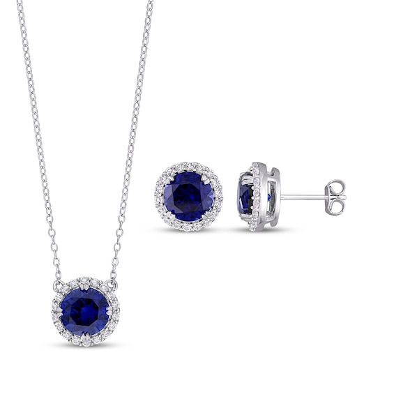 Blue & White Lab-Created Sapphire Halo Gift Set Sterling Silver