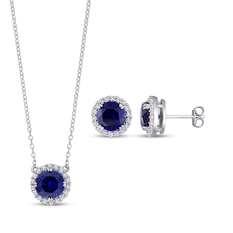 Main Image 1 of Blue & White Lab-Created Sapphire Halo Gift Set Sterling Silver