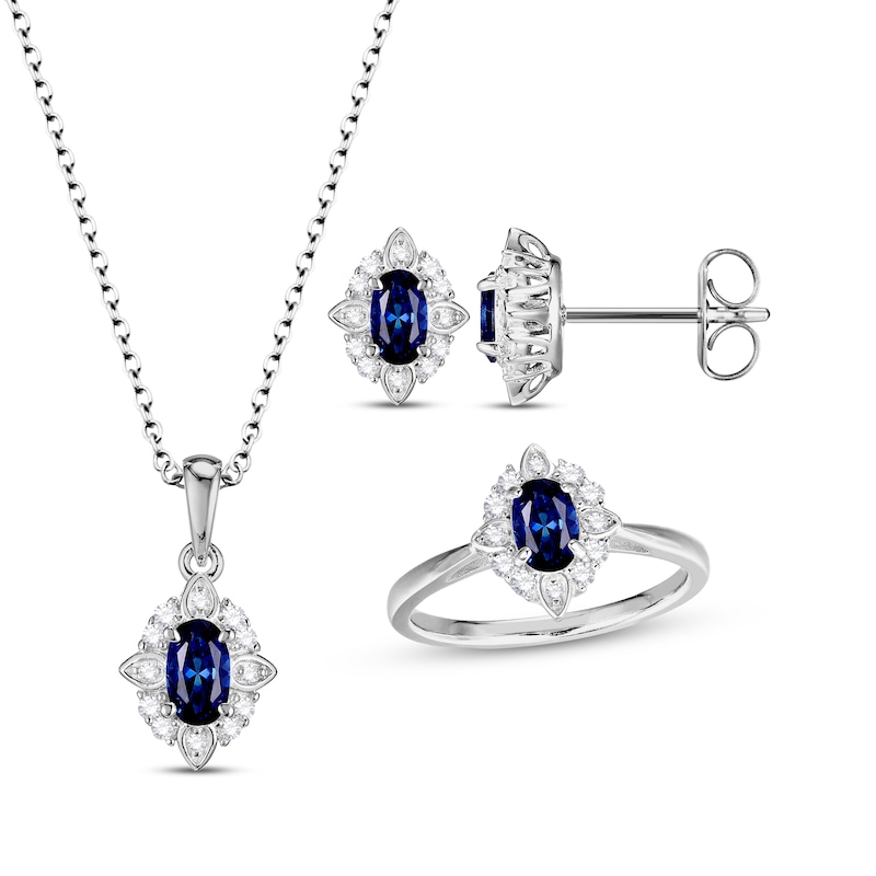 Blue & White Lab-Created Sapphire Oval & Round-Cut Scalloped Frame Gift Set Sterling Silver