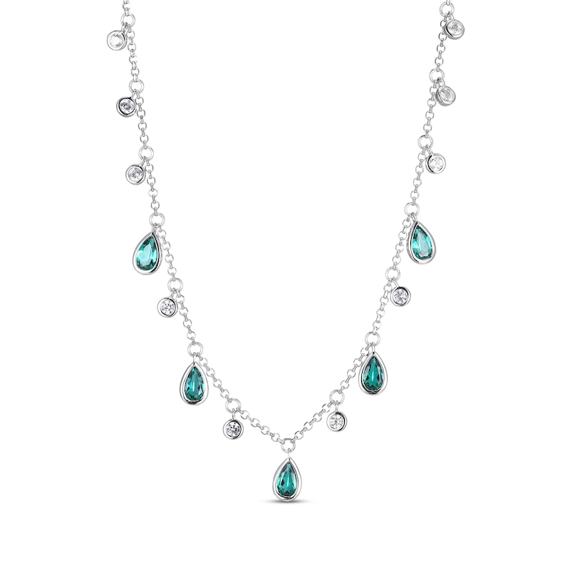 Main Image 1 of Pear-Shaped Lab-Created Emerald & White Lab-Created Sapphire Dangle Station Necklace Sterling Silver 18&quot;