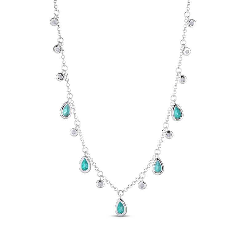 Main Image 3 of Pear-Shaped Lab-Created Emerald & White Lab-Created Sapphire Dangle Station Necklace Sterling Silver 18&quot;