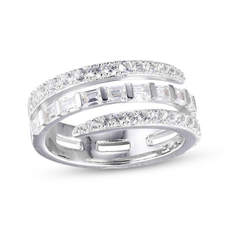 Main Image 1 of Baguette & Round-cut White Lab-Created Sapphire Bypass Ring Sterling Silver