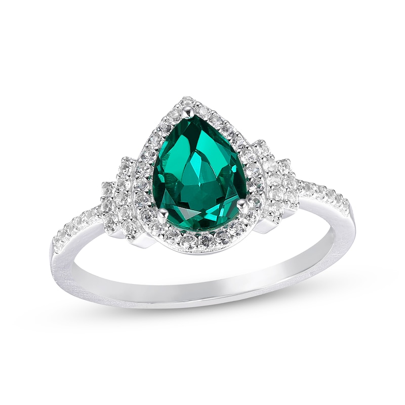 Main Image 1 of Pear-Shaped Lab-Created Emerald & White Lab-Created Sapphire Ring Sterling Silver