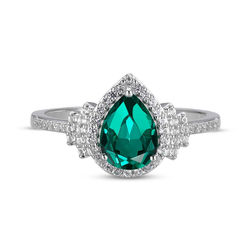 Main Image 3 of Pear-Shaped Lab-Created Emerald & White Lab-Created Sapphire Ring Sterling Silver