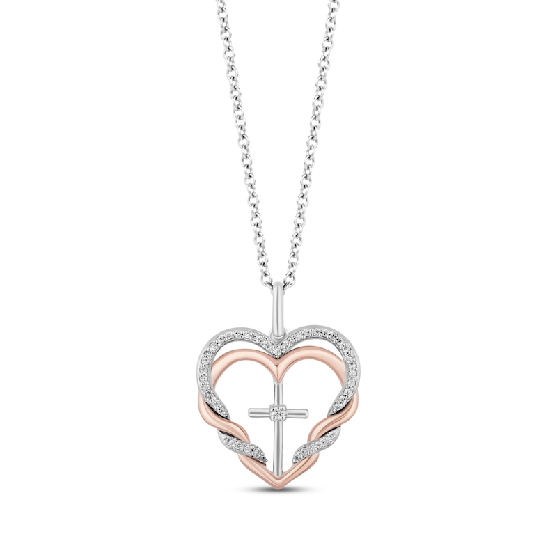 Main Image 1 of Hallmark Diamonds Double Heart & Cross Necklace 1/8 ct tw Sterling Silver & 10K Rose Gold 18”