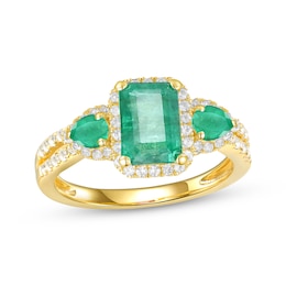 Emerald-Cut & Pear-Shaped Emerald & Diamond Three-Stone Ring 1/3 ct tw 10K Yellow Gold