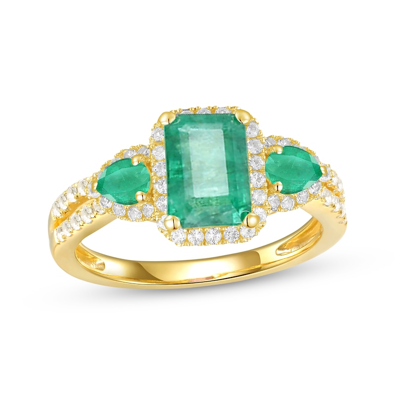 Main Image 1 of Emerald-Cut & Pear-Shaped Emerald & Diamond Three-Stone Ring 1/3 ct tw 10K Yellow Gold