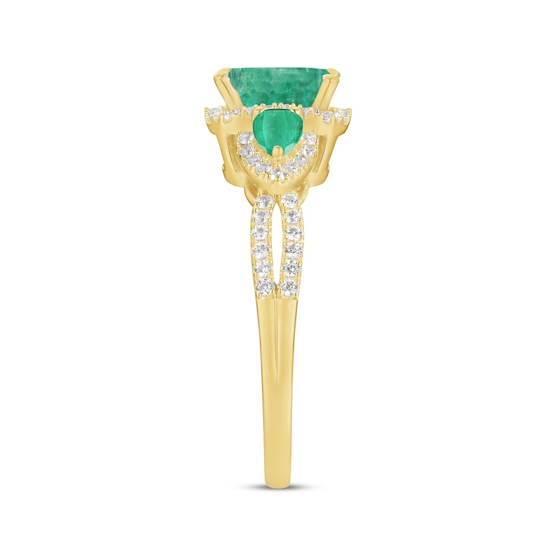 Main Image 2 of Emerald-Cut & Pear-Shaped Emerald & Diamond Three-Stone Ring 1/3 ct tw 10K Yellow Gold
