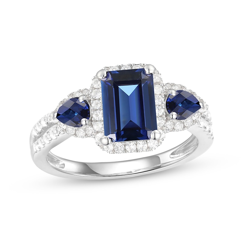 Main Image 1 of Emerald-Cut & Pear-Shaped Blue Sapphire & Diamond Three-Stone Ring 1/3 ct tw 10K White Gold