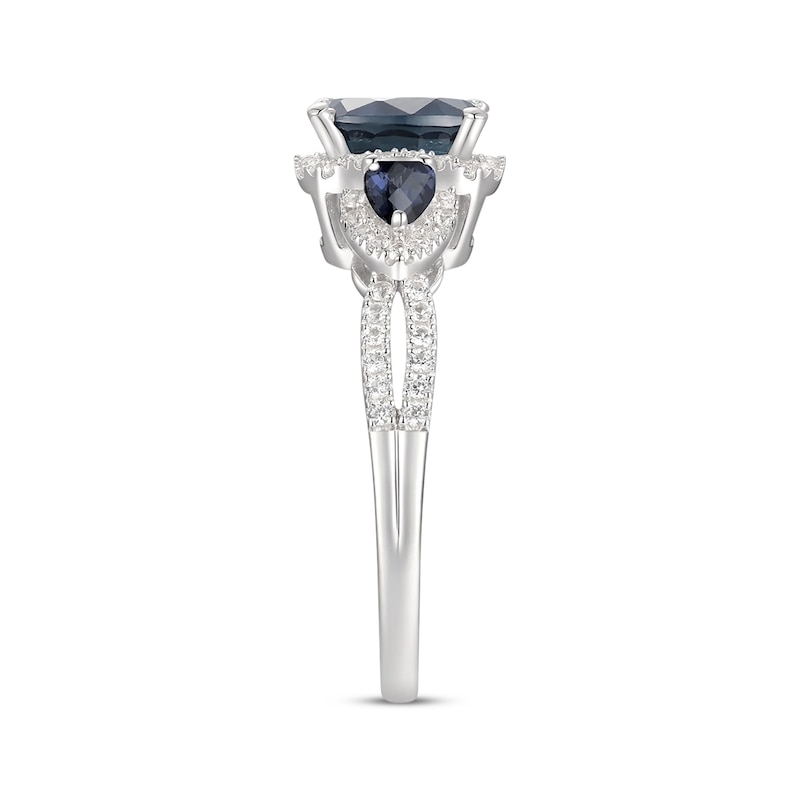 Main Image 2 of Emerald-Cut & Pear-Shaped Blue Sapphire & Diamond Three-Stone Ring 1/3 ct tw 10K White Gold