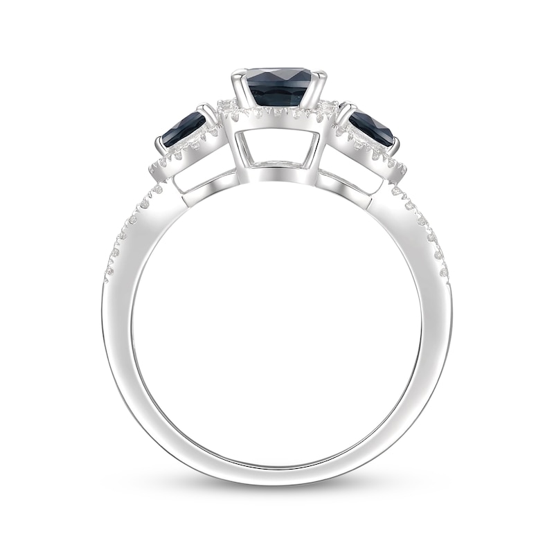 Main Image 3 of Emerald-Cut & Pear-Shaped Blue Sapphire & Diamond Three-Stone Ring 1/3 ct tw 10K White Gold