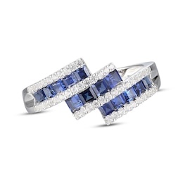 Square-Cut Blue Sapphire & Round-Cut Diamond Bypass Ring 1/4 ct tw 10K White Gold