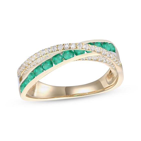 Round-Cut Emerald & Diamond Crossover Ring 1/4 ct tw 10K Yellow Gold