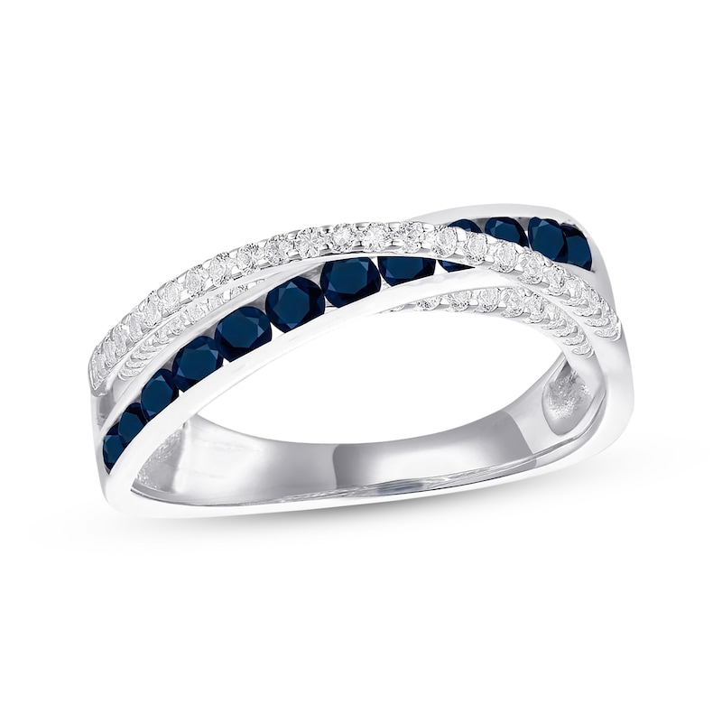 Main Image 1 of Round-Cut Blue Sapphire & Diamond Crossover Ring 1/4 ct tw 10K White Gold
