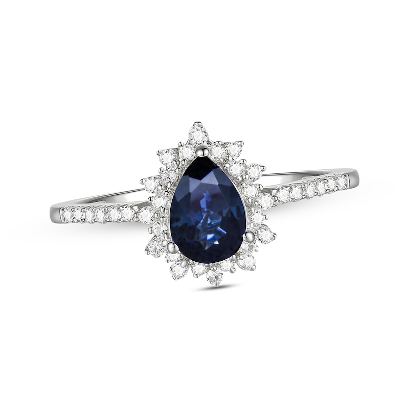 Main Image 1 of Pear-Shaped Blue Sapphire & Round-Cut Diamond Ring 1/5 ct tw 10K White Gold