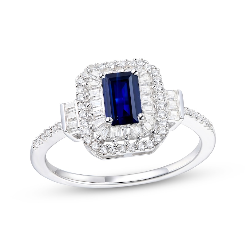 Emerald-Cut Blue Sapphire & Diamond Ring 1/3 ct tw 10K White Gold | Kay