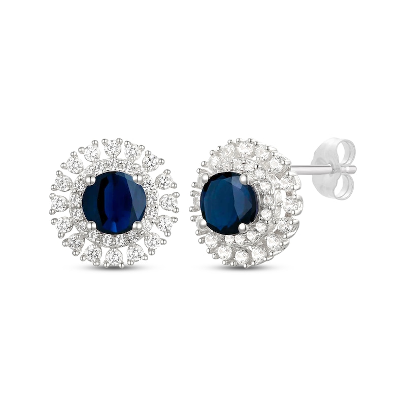 Main Image 1 of Round-Cut Blue Sapphire & Diamond Stud Earrings 1/2 ct tw 10K White Gold