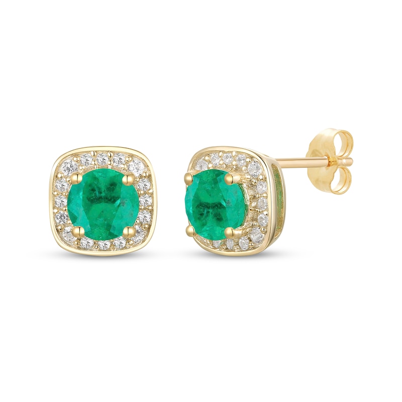 Main Image 1 of Round-Cut Emerald & Diamond Stud Earrings 1/8 ct tw 10K Yellow Gold