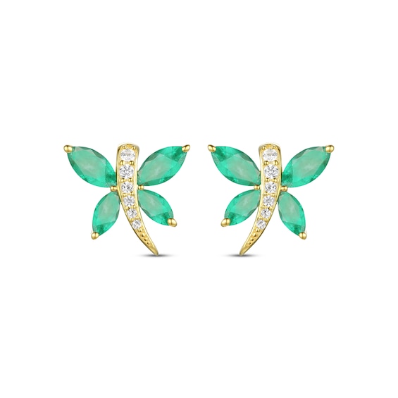 Thumbnail Image 2 of Marquise-Cut Emerald & Diamond Dragonfly Earrings 1/20 ct tw 10K Yellow Gold