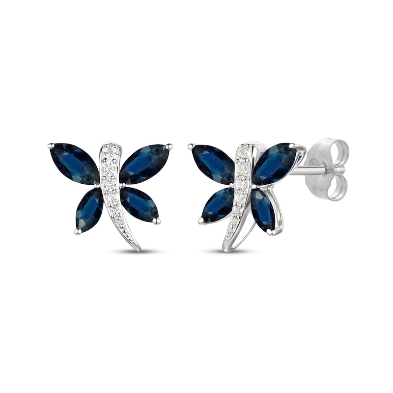 Main Image 1 of Marquise-Cut Blue Sapphire & Diamond Dragonfly Stud Earrings 1/20 ct tw 10K White Gold